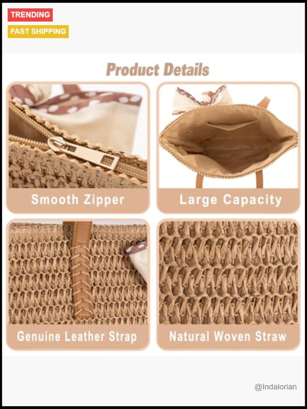 Large Handwoven Straw Tote Beach Bag with Zipper Pocket - Picture 5 of 7